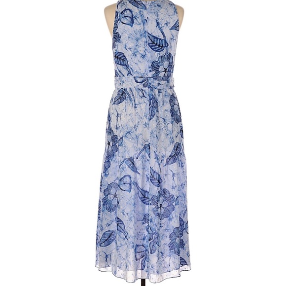 White House Black Market halter neck floral midi dress features a blue and white - Picture 4 of 7
